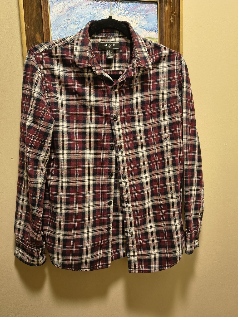 Forever 21 Men's Burgundy, White & Black Plaid Button-Down Shirt
